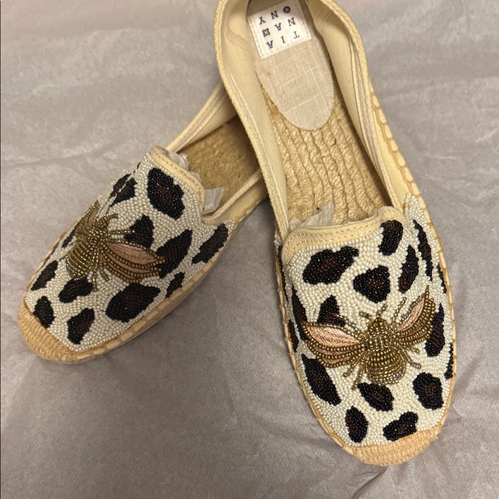 Tiana Hand-Beaded Leopard Espadrilles - Black and Cream NEW
